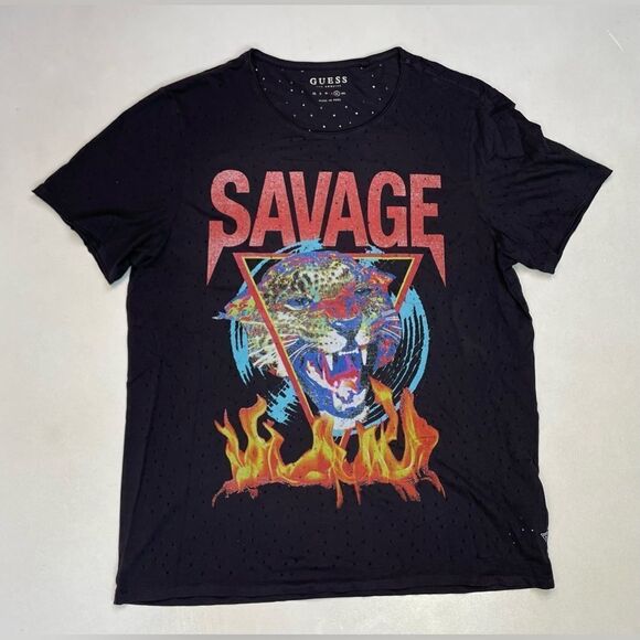 Guess Savage Graphic T-shirt Men Slim Fit XL Black Distressed - Picture 1 of 6